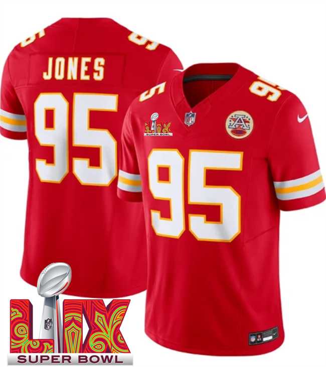 Men & Women & Youth Kansas City Chiefs #95 Chris Jones Red 2025 Super Bowl LIX Patch F.U.S.E. Vapor Limited Stitched Jersey